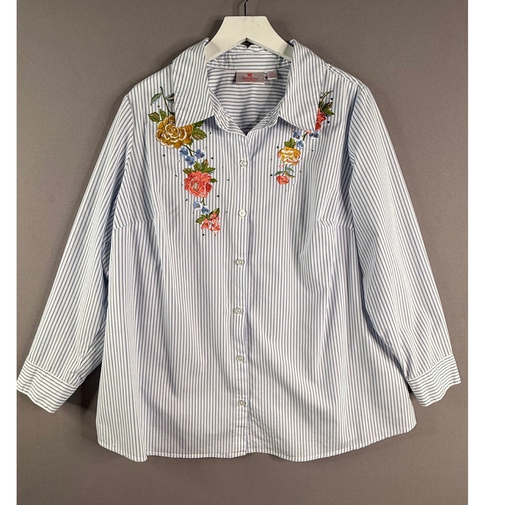 Quacker Factory Button Up Top Womens 1X Blue Stripe Floral Embroidered Blouse